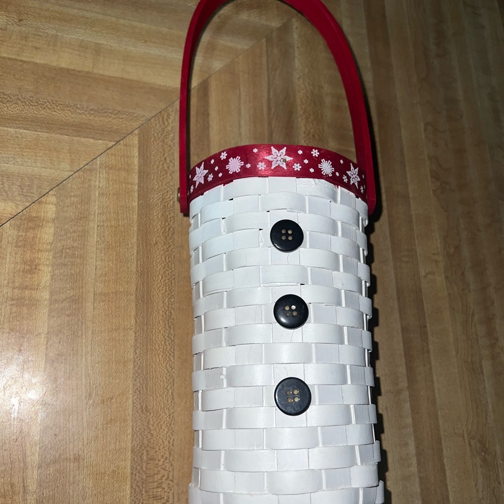 White Woven Snowman Bottle Tote Basket with Red Handle